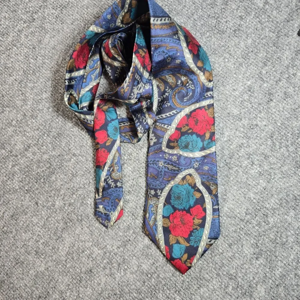 Oleg Cassini Mens Silk Tie Blue Red Floral Paisley Multicolor Necktie
